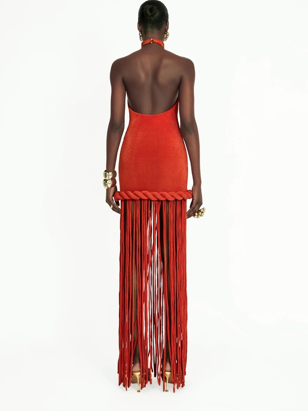 High-Neck Orange Maxi Dress with Braided Fringe - Picture 2 of 4